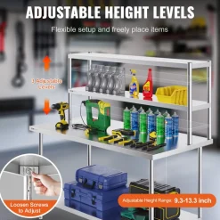 VEVOR Double Overshelf, Double Tier Stainless Steel Overshelf, 12 x 60 Inch Double Deck Overshelf, Height Adjustable Overshelf Prep Work Table for Kitchen, Restaurant and Workshop