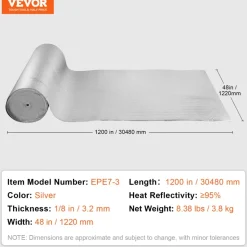 VEVOR Double Reflective Insulation Roll, Foam Core Radiant Barrier, 3.2 mm 48 in x 100 ft, Double-Sided Aluminum Foil EPE Foam Heat Reflective Shield, Thermal Insulation Roll for Window RV Roof