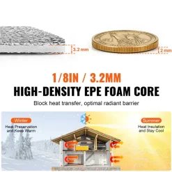 VEVOR Double Reflective Insulation Roll, Foam Core Radiant Barrier, 3.2 mm 48 in x 100 ft, Double-Sided Aluminum Foil EPE Foam Heat Reflective Shield, Thermal Insulation Roll for Window RV Roof