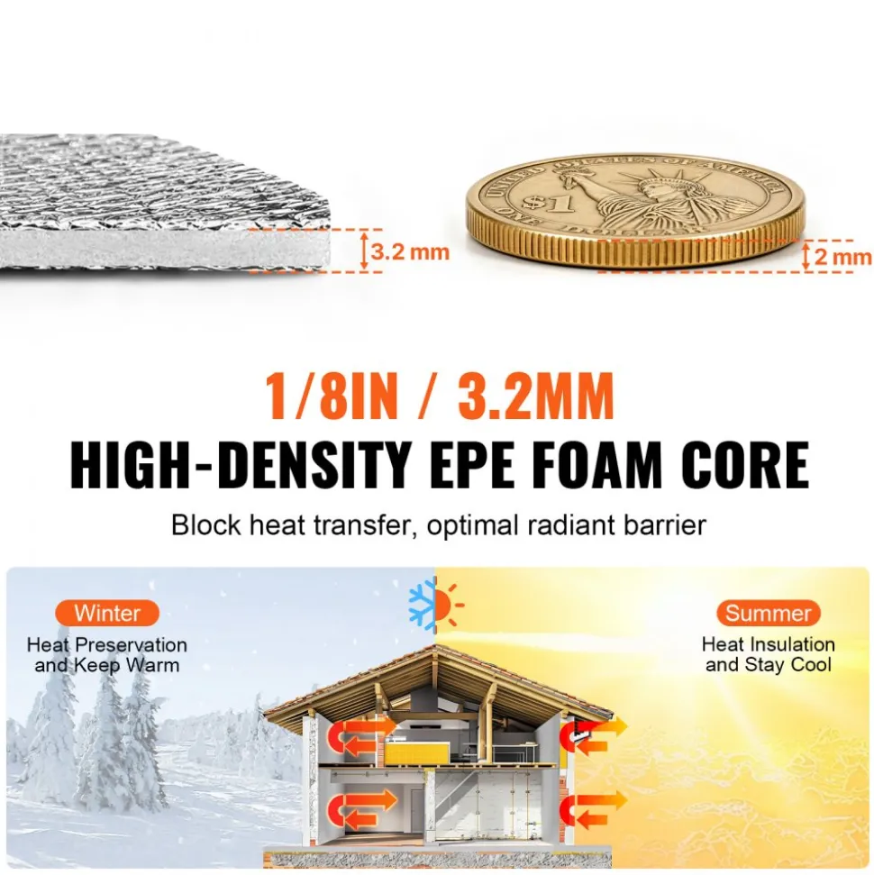 VEVOR Double Reflective Insulation Roll, Foam Core Radiant Barrier, 3.2 mm 48 in x 100 ft, Double-Sided Aluminum Foil EPE Foam Heat Reflective Shield, Thermal Insulation Roll for Window RV Roof
