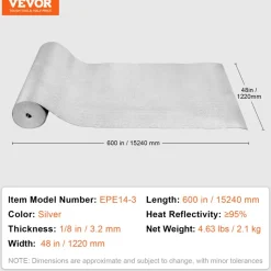 VEVOR Double Reflective Insulation Roll, Foam Core Radiant Barrier, 3.2 mm 48 in x 50 ft, Double-Sided Aluminum Foil EPE Foam Heat Reflective Shield, Thermal Insulation Roll for Window RV Roof