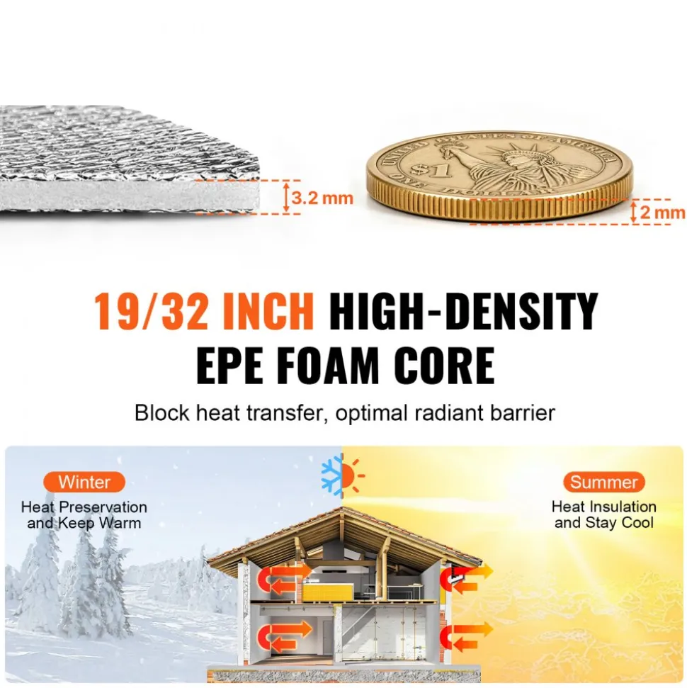 VEVOR Double Reflective Insulation Roll, Foam Core Radiant Barrier, 3.2 mm 48 in x 50 ft, Double-Sided Aluminum Foil EPE Foam Heat Reflective Shield, Thermal Insulation Roll for Window RV Roof