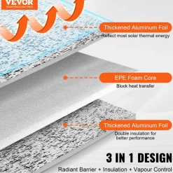 VEVOR Double Reflective Insulation Roll, Foam Core Radiant Barrier, 3.2 mm 48 in x 50 ft, Double-Sided Aluminum Foil EPE Foam Heat Reflective Shield, Thermal Insulation Roll for Window RV Roof