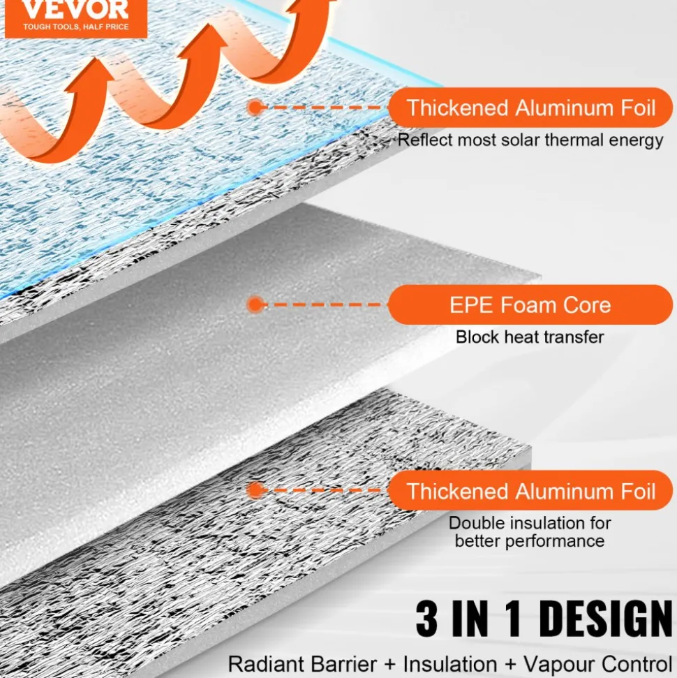 VEVOR Double Reflective Insulation Roll, Foam Core Radiant Barrier, 3.2 mm 48 in x 50 ft, Double-Sided Aluminum Foil EPE Foam Heat Reflective Shield, Thermal Insulation Roll for Window RV Roof