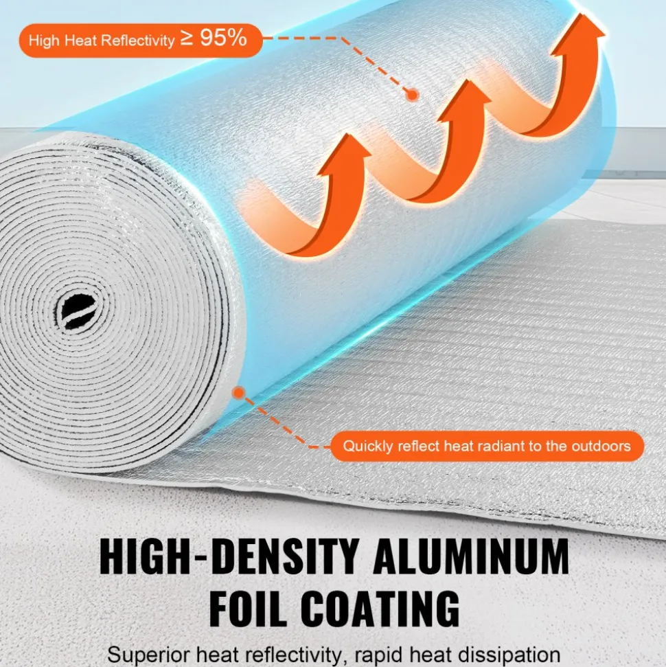 VEVOR Double Reflective Insulation Roll, Foam Core Radiant Barrier, 3.2 mm 48 in x 50 ft, Double-Sided Aluminum Foil EPE Foam Heat Reflective Shield, Thermal Insulation Roll for Window RV Roof