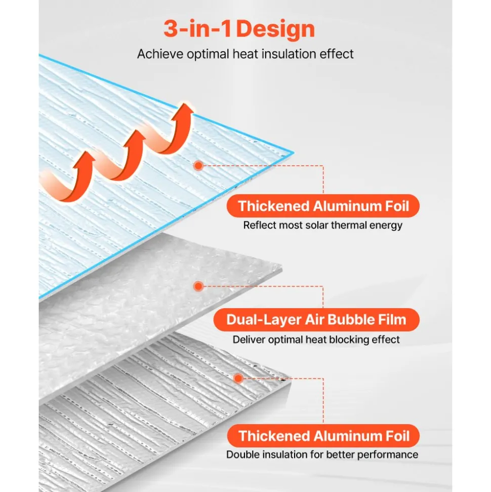 VEVOR Double Reflective Insulation Roll, Double-Sided Aluminum Foil Radiant Barrier, 6mm 48 in x 100 ft, Dual-Layer Air Bubble Heat Reflective Shield, Thermal Insulation Roll for Garage Door Window RV Roofs
