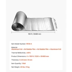 VEVOR Double Reflective Insulation Roll, Double-Sided Aluminum Foil Radiant Barrier, 6mm 48 in x 100 ft, Dual-Layer Air Bubble Heat Reflective Shield, Thermal Insulation Roll for Garage Door Window RV Roofs
