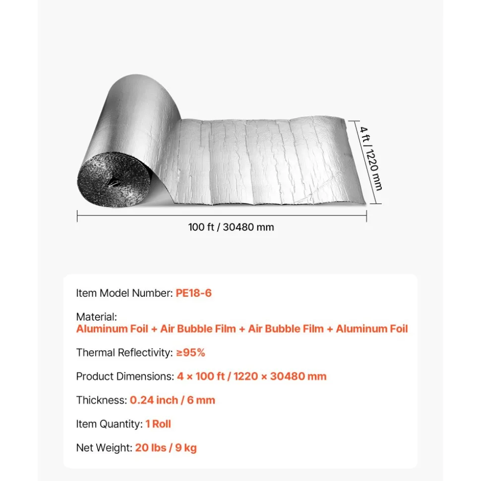 VEVOR Double Reflective Insulation Roll, Double-Sided Aluminum Foil Radiant Barrier, 6mm 48 in x 100 ft, Dual-Layer Air Bubble Heat Reflective Shield, Thermal Insulation Roll for Garage Door Window RV Roofs
