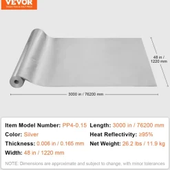 VEVOR Double Reflective Insulation Roll, Foam Core Radiant Barrier, 15.1mm 48 in x 25 ft, Double-Sided Aluminum Foil EPE Foam Heat Reflective Shield, Thermal Insulation Roll for Window RV Roof