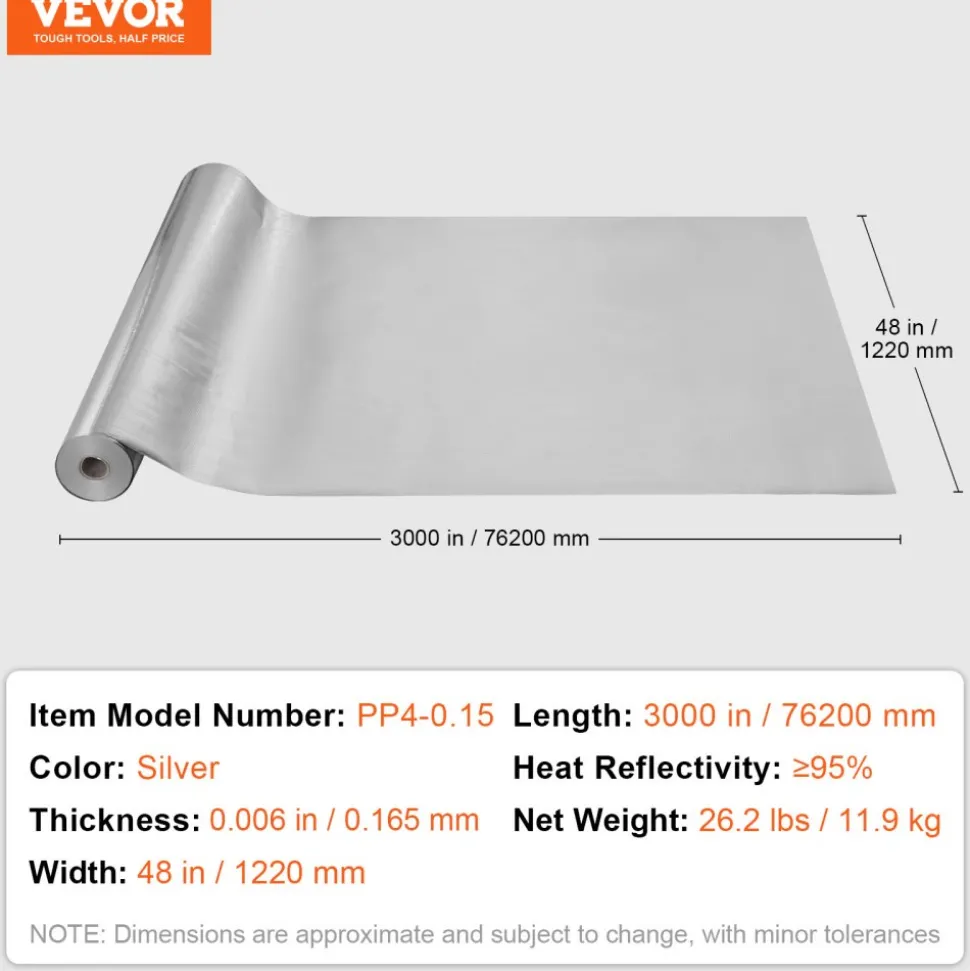 VEVOR Double Reflective Insulation Roll, Foam Core Radiant Barrier, 15.1mm 48 in x 25 ft, Double-Sided Aluminum Foil EPE Foam Heat Reflective Shield, Thermal Insulation Roll for Window RV Roof