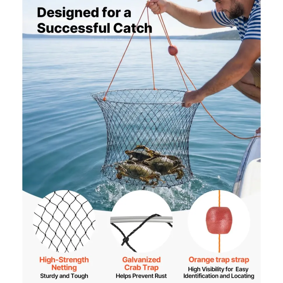 VEVOR Double Ring Crab Trap, 24 inch Top, 20 inch Bottom, Two Rings Crab Kit, Foldable Fishing Net with Gauge, 60 ft Rope, Wire Grid Bottom, Rock and Blue Crab, Dock & Pier Crabbing, 2 Set