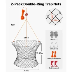 VEVOR Double Ring Crab Trap, 24 inch Top, 20 inch Bottom, Two Rings Crab Kit, Foldable Fishing Net with Gauge, 60 ft Rope, Wire Grid Bottom, Rock and Blue Crab, Dock & Pier Crabbing, 2 Set
