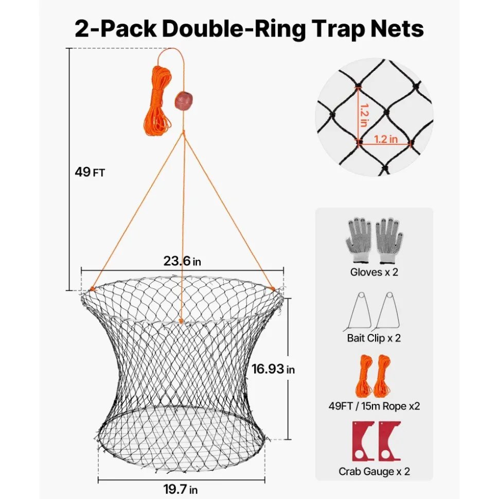 VEVOR Double Ring Crab Trap, 24 inch Top, 20 inch Bottom, Two Rings Crab Kit, Foldable Fishing Net with Gauge, 60 ft Rope, Wire Grid Bottom, Rock and Blue Crab, Dock & Pier Crabbing, 2 Set