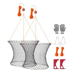 VEVOR Double Ring Crab Trap, 24 inch Top, 20 inch Bottom, Two Rings Crab Kit, Foldable Fishing Net with Gauge, 60 ft Rope, Wire Grid Bottom, Rock and Blue Crab, Dock & Pier Crabbing, 2 Set