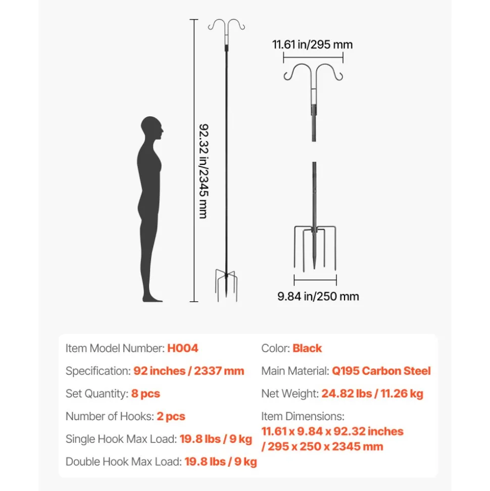 VEVOR Double Shepherds Hooks for Outdoor, 8 Pack 92 Inch Heavy Duty Bird Feeder Pole, 3/4 Inch Thick Garden Hooks for Hanging Hummingbird Feeder, Plant Baskets, Solar Light Lanterns,Wind Chimes