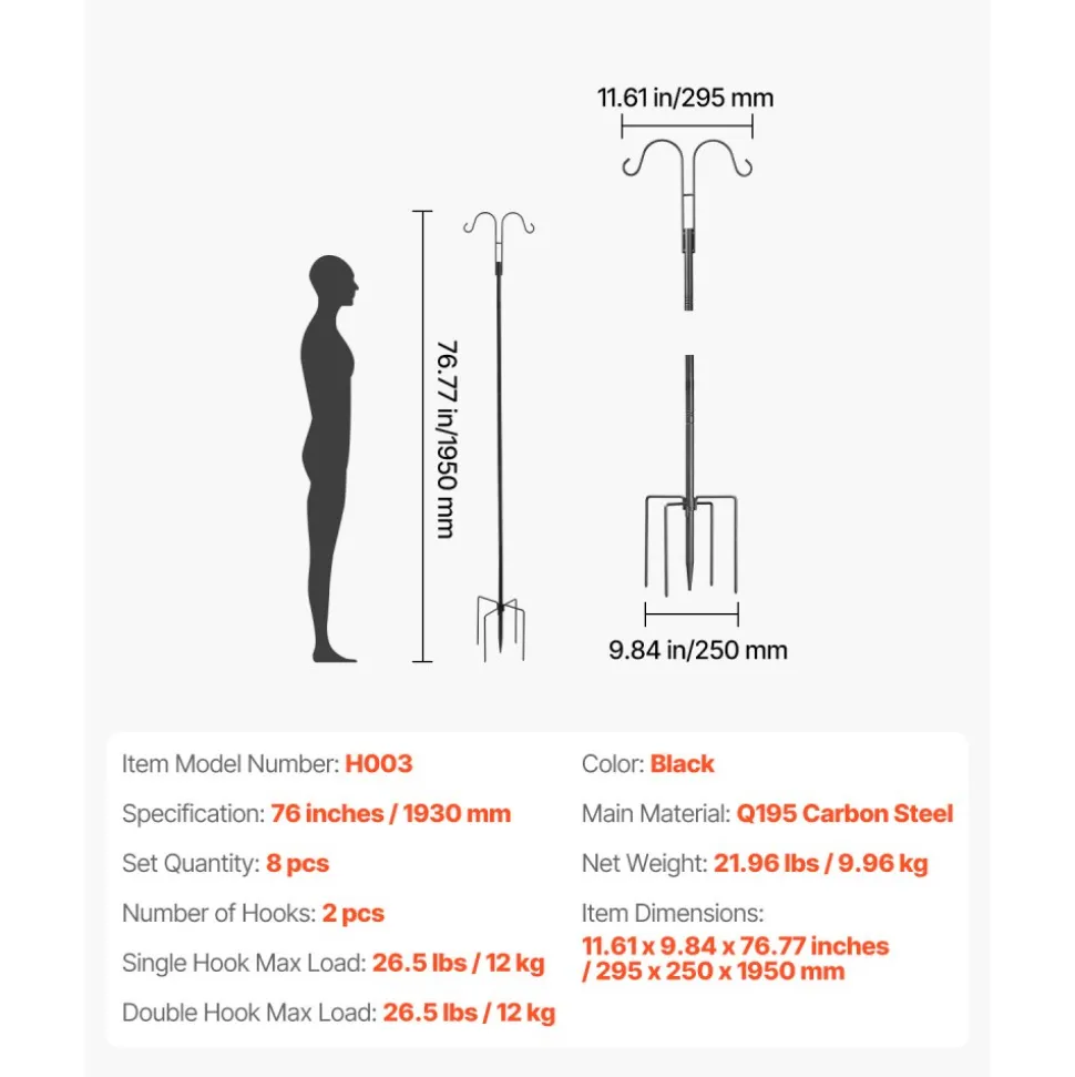VEVOR Double Shepherds Hooks for Outdoor, 8 Pack 76 Inch Heavy Duty Bird Feeder Pole, 3/4 Inch Thick Garden Hooks for Hanging Hummingbird Feeder, Plant Baskets, Solar Light Lanterns,Wind Chimes