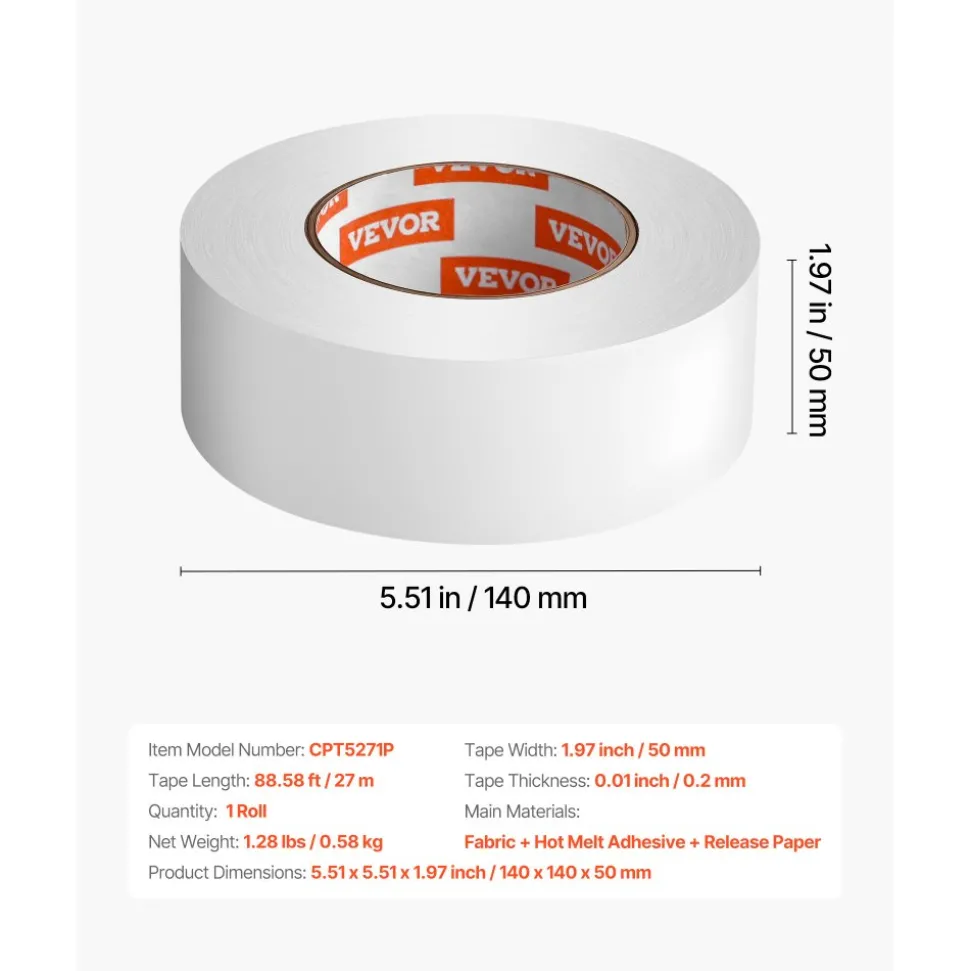 VEVOR Double Sided Carpet Tape, 2 Inch x 30 Yards, Strong Adhesive and Residue-Free, Heavy-duty Sticker Rug Tape Grippers for Area Rugs, Carpets, Laminate, Tile, Concrete, and Hardwood Floors