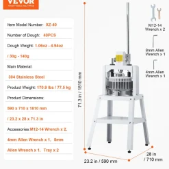 VEVOR Dough Divider Rounder, 40PCS Manual Dough Equal Divider Machine, 1.06oz - 4.94oz Hand Press Dough Cutter with 304 Stainless Steel Tray and Blade, Bread Maker for Bakery, Restaurant, Commercial