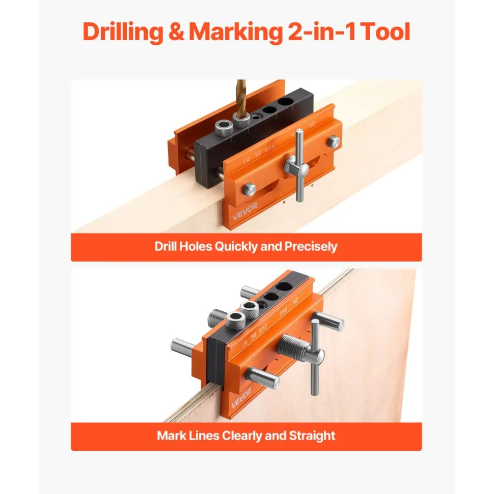 VEVOR Doweling Jig Kit, Self Centering Dowel Drill Jig for Straight Holes, Aluminum Alloy Woodworking Tools with 6 Drill Guide Bushings, Adjustable Width, for Wood Working, Drilling and Marking