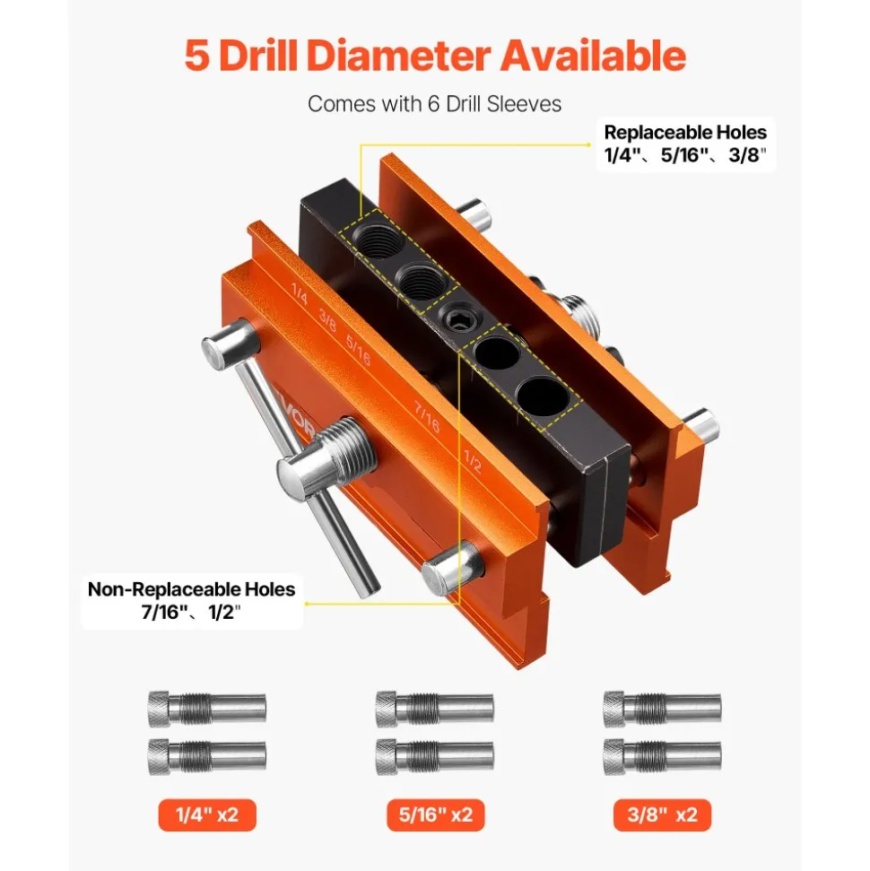 VEVOR Doweling Jig Kit, Self Centering Dowel Drill Jig for Straight Holes, Aluminum Alloy Woodworking Tools with 6 Drill Guide Bushings, Adjustable Width, for Wood Working, Drilling and Marking