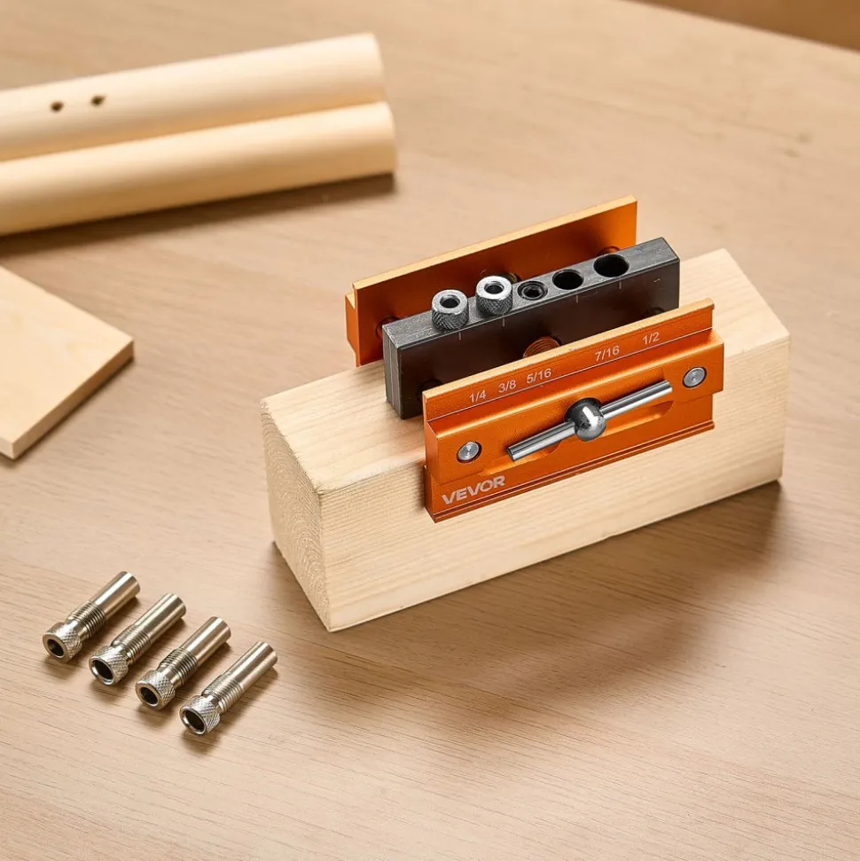 VEVOR Doweling Jig Kit, Self Centering Dowel Drill Jig for Straight Holes, Aluminum Alloy Woodworking Tools with 6 Drill Guide Bushings, Adjustable Width, for Wood Working, Drilling and Marking