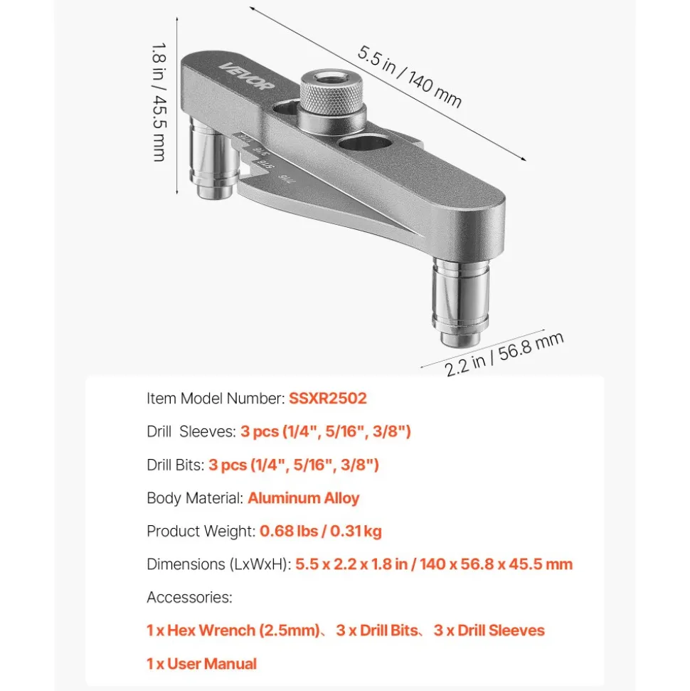 VEVOR Doweling Jig Kit, Self Centering Dowel Drill Jig for Straight Holes, with Drill Bit Set 1/4", 5/16", 3/8" and Drill Bit Stop Collar Set, Aluminum Alloy Woodworking Tools for Drilling, Marking