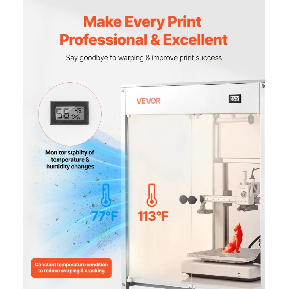 VEVOR 3D Printer Enclosure with Ventilation, Dustproof Waterproof Transparent Acrylic 3D Printer Tent, Constant Temperature Protective Case with LED, Compatible with Bambu Lab, Ender, Neptune, Kobra