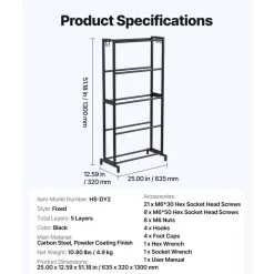 VEVOR 3D Printer Filament Storage Rack, 5 Tier Heavy Duty Storage Shelves for 3D Printing Filaments, Filament Spool Holders Racks for 3D Printing Studio, Home Studio, Office, Workshop (Shelf Only)