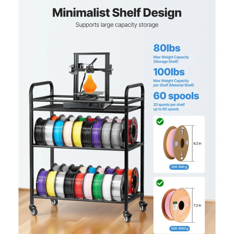 VEVOR 3D Printer Filament Storage Rack, 3 Tier Heavy Duty Storage Shelf, Rolling Filament Spool Holders Racks with Wheels, Filaments Organzied for 3D Printing Station, Office, Workshop (Shelf Only)