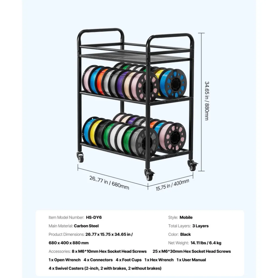 VEVOR 3D Printer Filament Storage Rack, 3 Tier Heavy Duty Storage Shelf, Rolling Filament Spool Holders Racks with Wheels, Filaments Organzied for 3D Printing Station, Office, Workshop (Shelf Only)