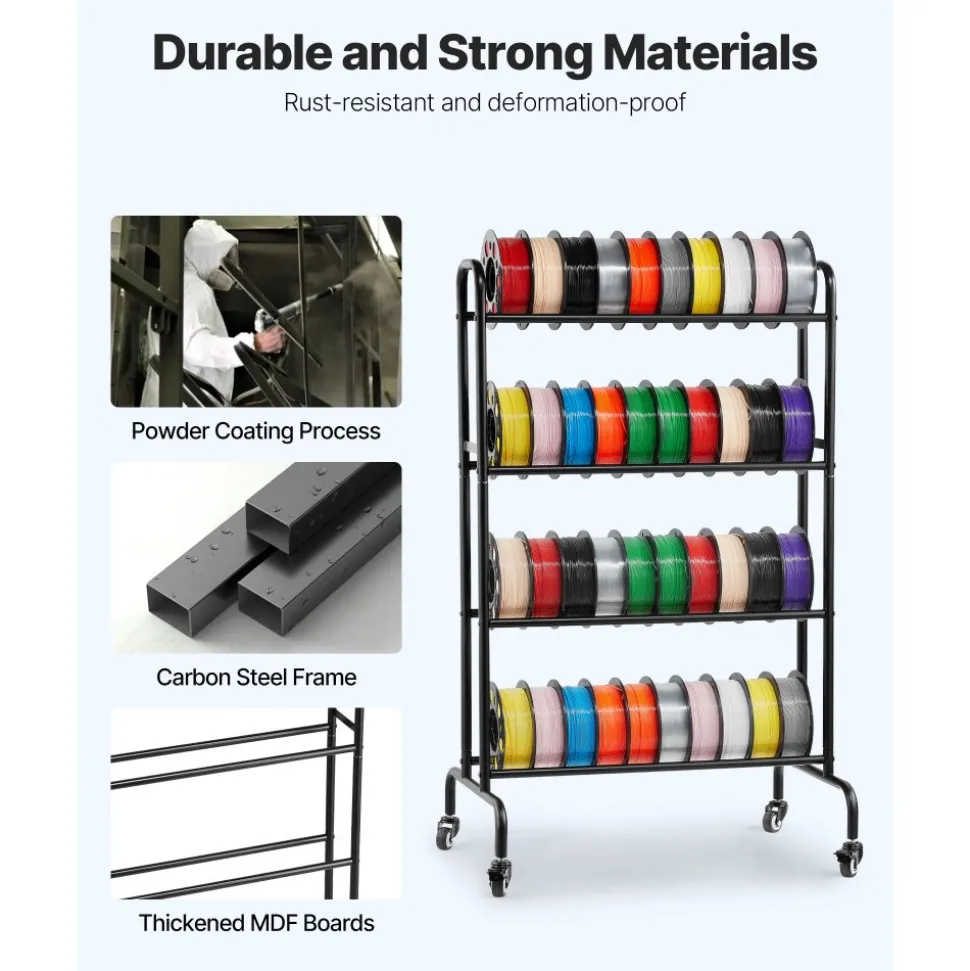 VEVOR 3D Printer Filament Storage Rack, 4 Tier Heavy Duty Storage Shelf, Rolling Filament Spool Holders Racks with Wheels, Filaments Organzied for 3D Printing Station, Office, Workshop (Shelf Only)