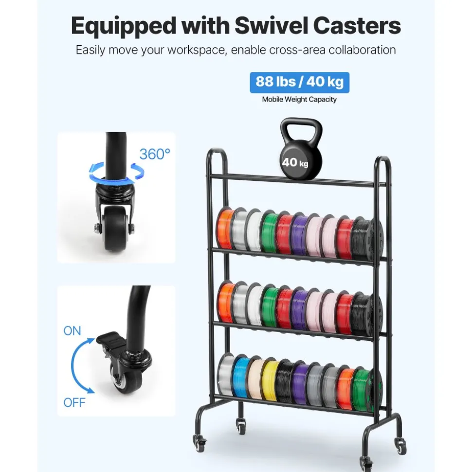 VEVOR 3D Printer Filament Storage Rack, 4 Tier Heavy Duty Storage Shelf, Rolling Filament Spool Holders Racks with Wheels, Filaments Organzied for 3D Printing Station, Office, Workshop (Shelf Only)