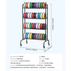 VEVOR 3D Printer Filament Storage Rack, 4 Tier Heavy Duty Storage Shelf, Rolling Filament Spool Holders Racks with Wheels, Filaments Organzied for 3D Printing Station, Office, Workshop (Shelf Only)