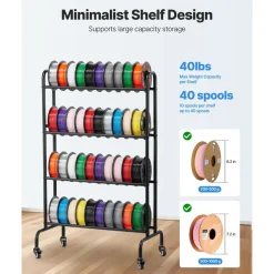 VEVOR 3D Printer Filament Storage Rack, 4 Tier Heavy Duty Storage Shelf, Rolling Filament Spool Holders Racks with Wheels, Filaments Organzied for 3D Printing Station, Office, Workshop (Shelf Only)