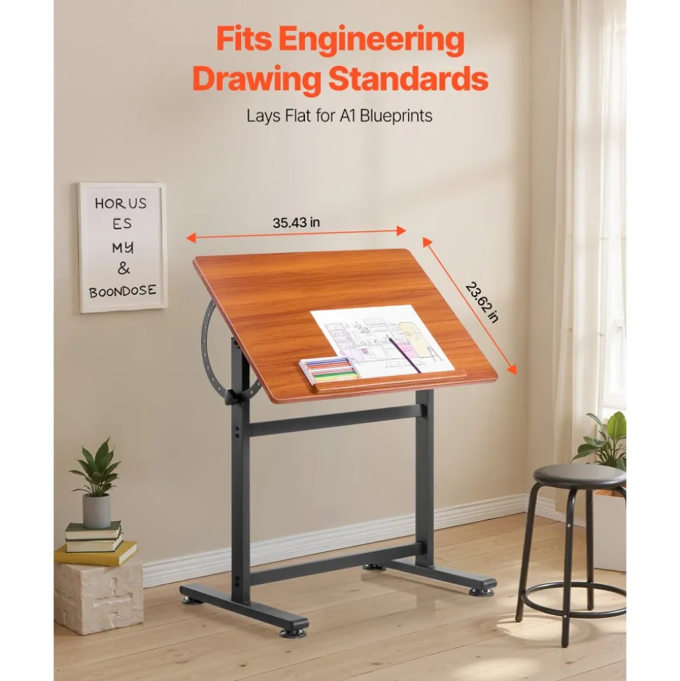 VEVOR Drafting Table, Adjustable 0°–90° Tilt Drawing Desk, Portable Artist Table with Black H-Frame and Brown Desktop, Wooden Painting Desk Craft Workstation for Reading, Writing, Crafting, Meeting