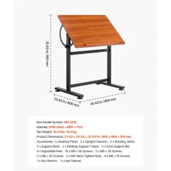 VEVOR Drafting Table, Adjustable 0°–90° Tilt Drawing Desk, Portable Artist Table with Black H-Frame and Brown Desktop, Wooden Painting Desk Craft Workstation for Reading, Writing, Crafting, Meeting