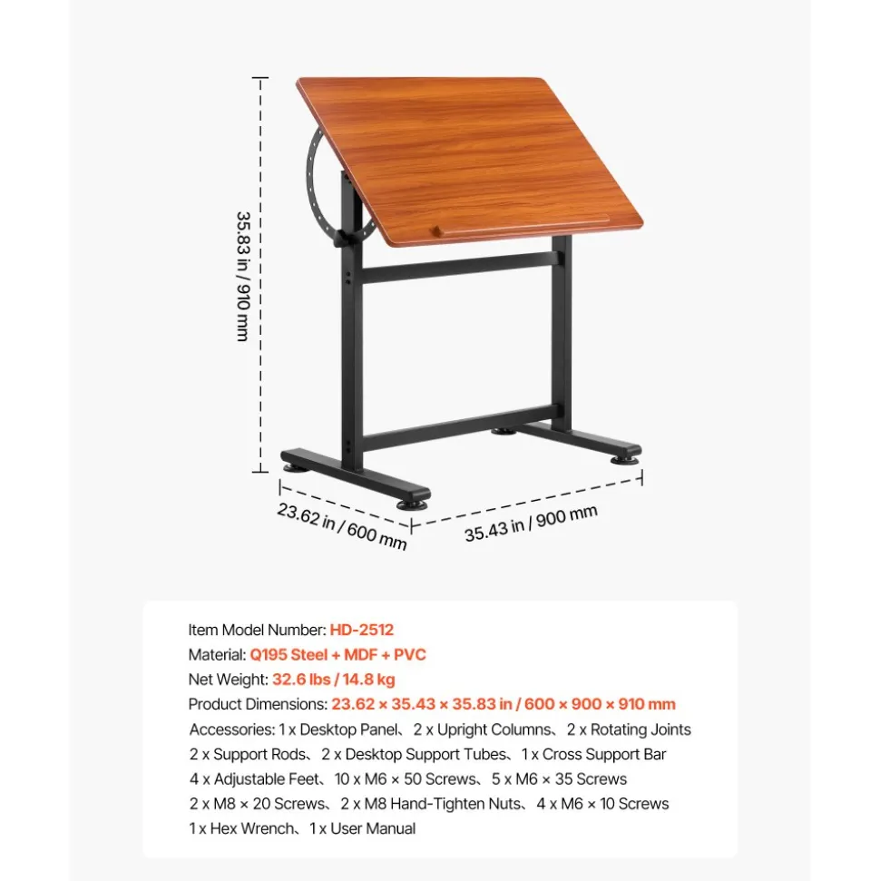 VEVOR Drafting Table, Adjustable 0°–90° Tilt Drawing Desk, Portable Artist Table with Black H-Frame and Brown Desktop, Wooden Painting Desk Craft Workstation for Reading, Writing, Crafting, Meeting