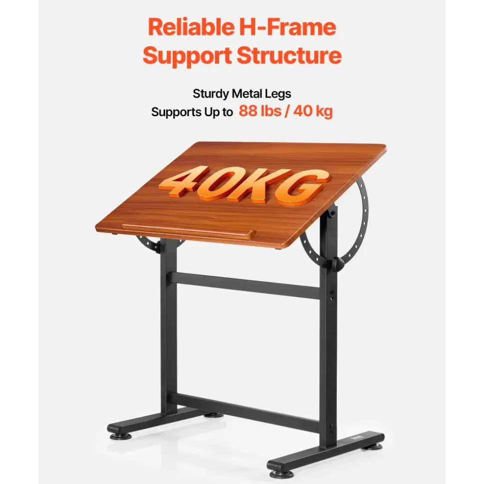 VEVOR Drafting Table, Adjustable 0°–90° Tilt Drawing Desk, Portable Artist Table with Black H-Frame and Brown Desktop, Wooden Painting Desk Craft Workstation for Reading, Writing, Crafting, Meeting