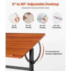 VEVOR Drafting Table, Adjustable 0°–90° Tilt Drawing Desk, Portable Artist Table with Black H-Frame and Brown Desktop, Wooden Painting Desk Craft Workstation for Reading, Writing, Crafting, Meeting
