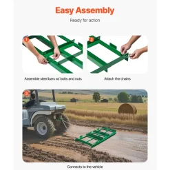 VEVOR Drag Harrow, 4 ft Heavy Duty Tow Behind Drag Harrow with Adjustable Bars & 72 in Chain, Driveway Grader Landscape Rake for ATV, UTV, Tractor, Mower Tow Behind Yard Lawn Leveling Tool