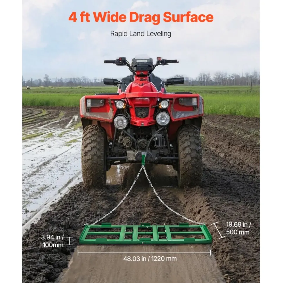 VEVOR Drag Harrow, 4 ft Heavy Duty Tow Behind Drag Harrow with Adjustable Bars & 72 in Chain, Driveway Grader Landscape Rake for ATV, UTV, Tractor, Mower Tow Behind Yard Lawn Leveling Tool