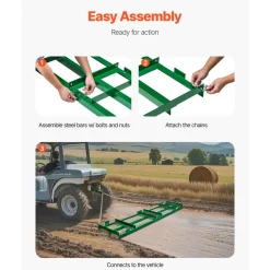 VEVOR Drag Harrow, 8 ft Heavy Duty Tow Behind Drag Harrow with Adjustable Bars & 72 in Chain, Driveway Grader Landscape Rake for ATV, UTV, Tractor, Mower Tow Behind Yard Lawn Leveling Tool