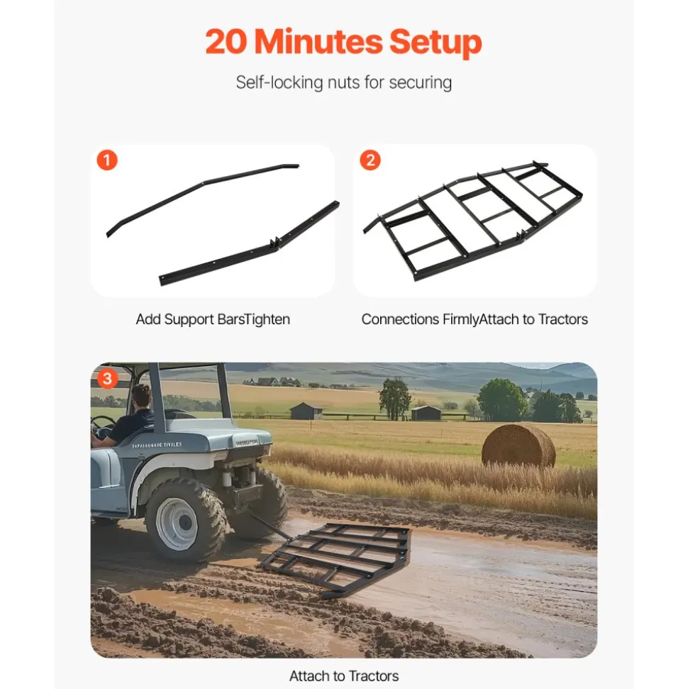 VEVOR Drag Harrow, 84" Width Tow Behind Drag Harrow, Q235 Steel Driveway Grader with Adjustable Bars & Pin Hitch, Support up to 50 lbs, Tractor Driveway Harrow for ATVs, UTVs, Garden Lawn Tractors