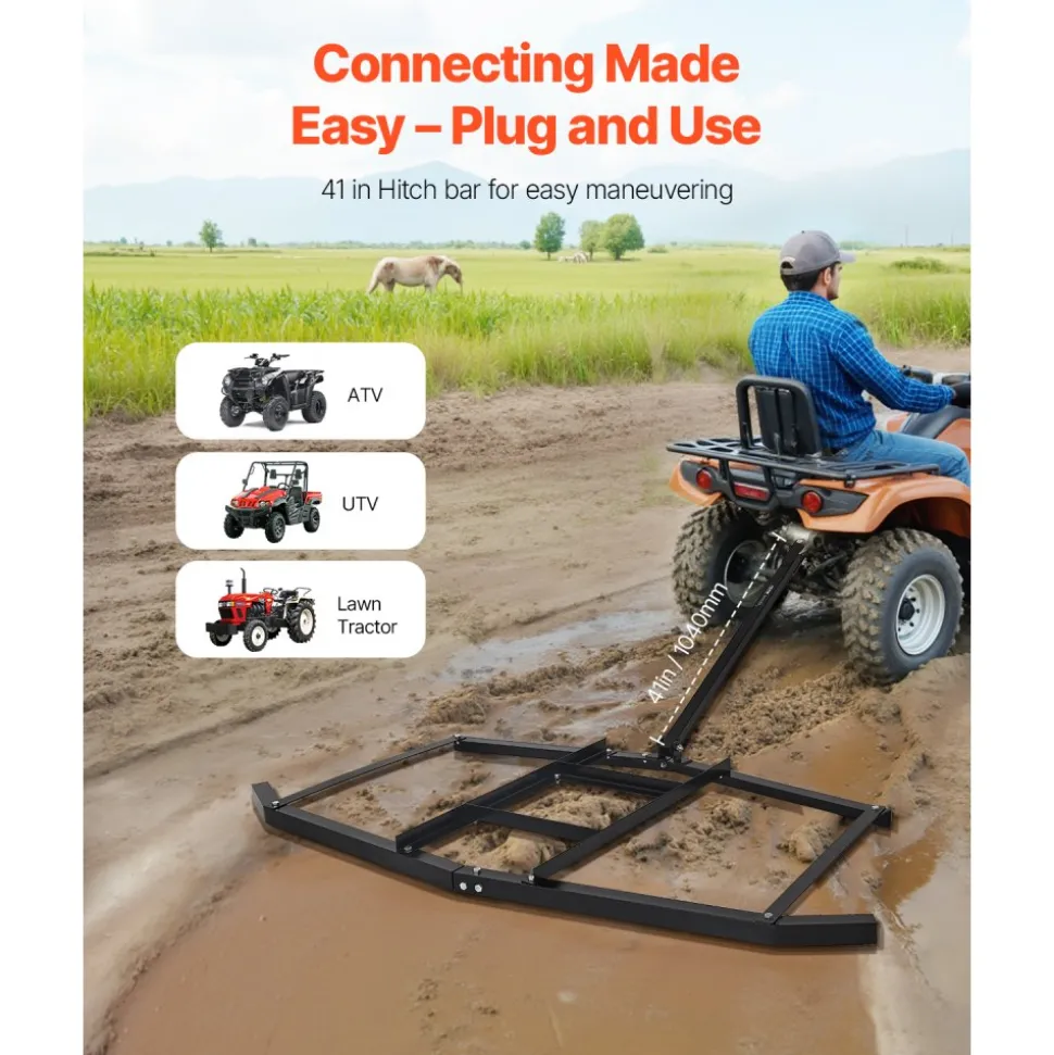 VEVOR Drag Harrow, 74" Width Tow Behind Drag Harrow, Q235 Steel Driveway Grader with Adjustable Bars & Pin Hitch, Support up to 50 lbs, Tractor Driveway Harrow for ATVs, UTVs, Garden Lawn Tractors