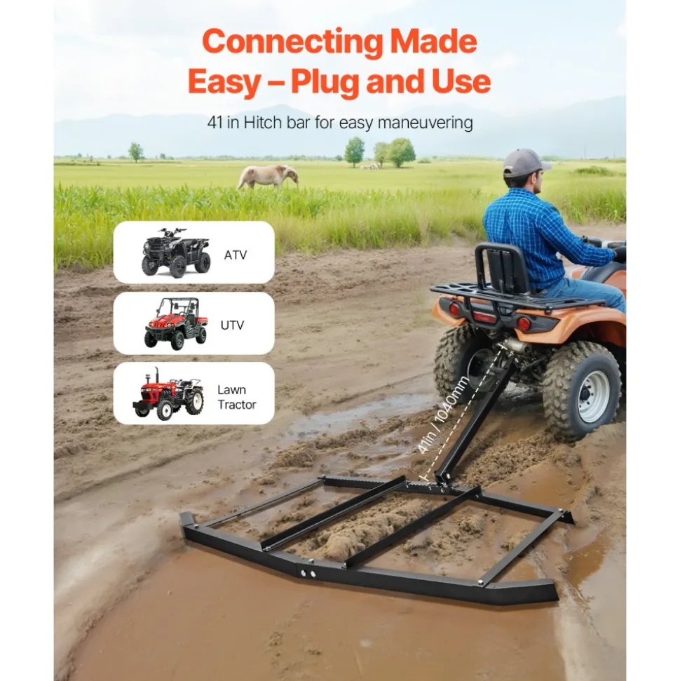 VEVOR Drag Harrow, 72" Width Tow Behind Drag Harrow, Q235 Steel Driveway Grader with Pin-Style Hitch, Driveway Tractor Gravel Level Driveway Grader for ATVs, UTV, Garden Lawn Tractors