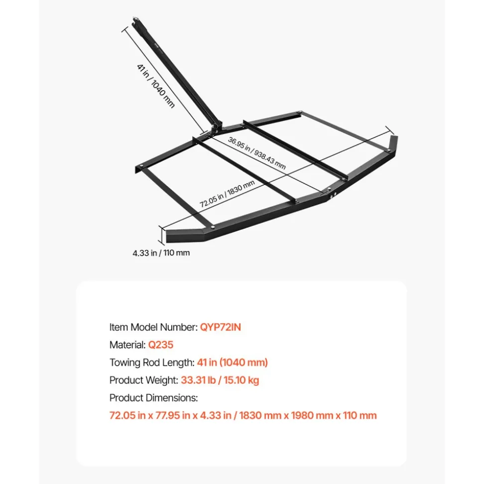 VEVOR Drag Harrow, 72" Width Tow Behind Drag Harrow, Q235 Steel Driveway Grader with Pin-Style Hitch, Driveway Tractor Gravel Level Driveway Grader for ATVs, UTV, Garden Lawn Tractors