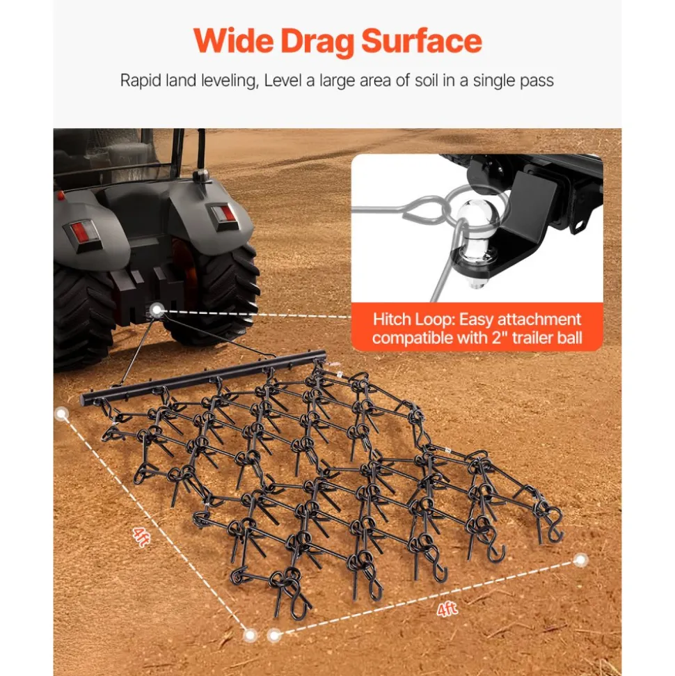 VEVOR Drag Harrow, 4 x 4 ft Durable Chain Harrow with 69 Sharp Teeth, Suitable for ATV UTV Tractor, Ideal for Soil Preparation, Seeding, Smoothing Landscapes, and Yard Gravel Driveway Maintenance