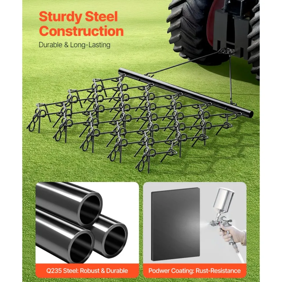 VEVOR Drag Harrow, 5 x 4.5 ft Durable Chain Harrow with 60 Sharp Teeth, Suitable for ATV UTV Tractor, Ideal for Soil Preparation, Seeding, Smoothing Landscapes, and Yard Gravel Driveway Maintenance