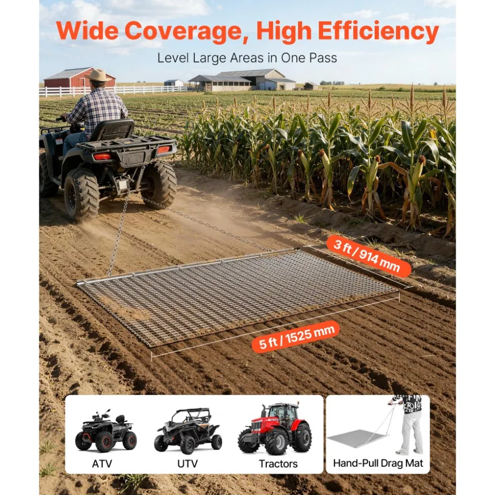 VEVOR Drag Harrow, 5 x 3 ft, High-Efficiency Chain Harrow Rake, ATVs UTVs Tractors Attachments, Durable Galvanized Steel Mesh Drag Mat with Towing Chain, for Gravel Driveway Ruts Farm Field Leveling