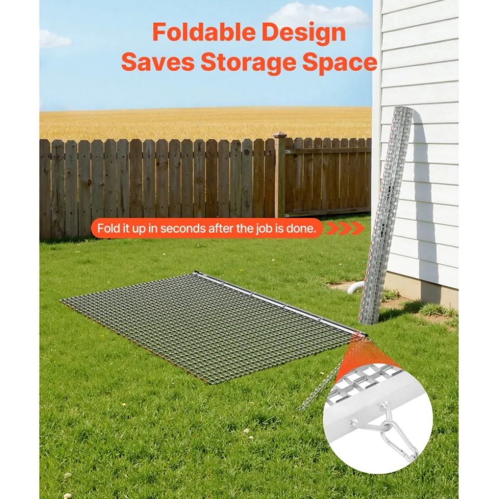 VEVOR Drag Harrow, 5 x 3 ft, High-Efficiency Chain Harrow Rake, ATVs UTVs Tractors Attachments, Durable Galvanized Steel Mesh Drag Mat with Towing Chain, for Gravel Driveway Ruts Farm Field Leveling